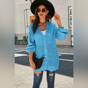 Pom-Pom Openwork Button Front Longline Cardigan